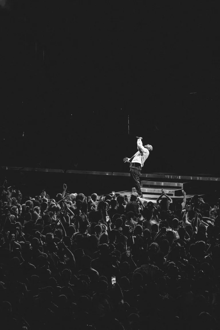 Artiste sur scène face à la foule lors d’un concert à Montauban, photo noir et blanc