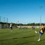 Joueur de football frappant un coup franc lors d’un match à Montauban