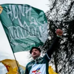 Supporter de rugby célébrant son équipe avec un drapeau en tribune