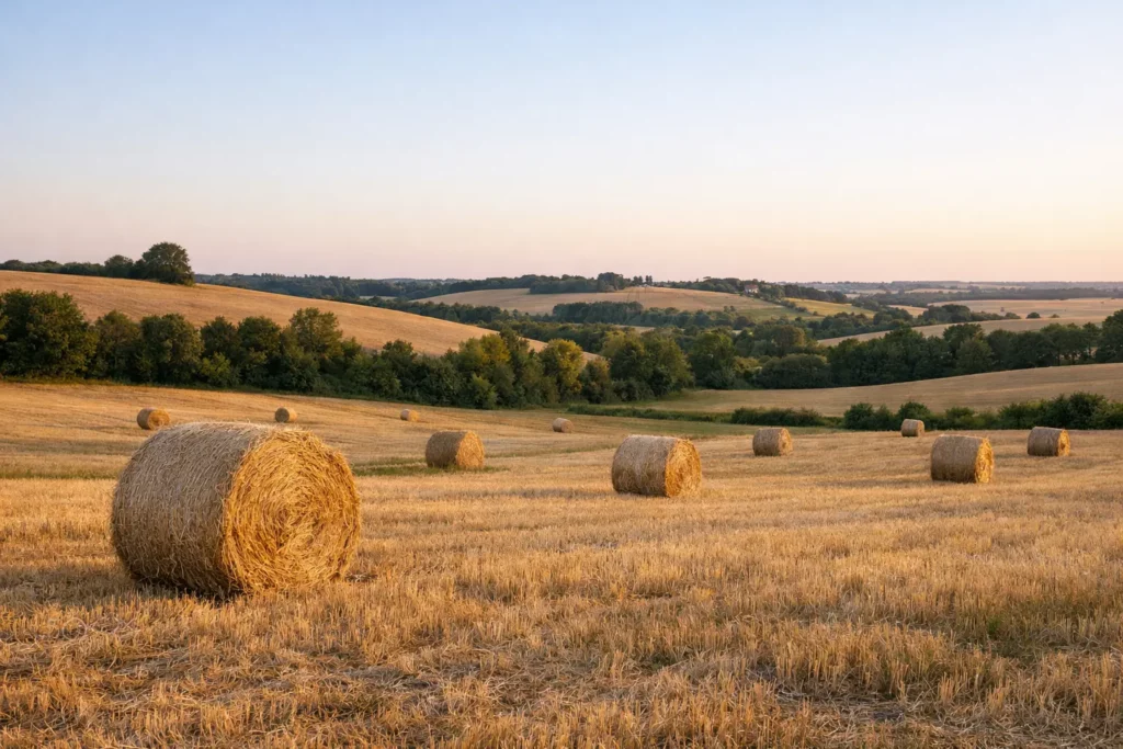 Paysage de campagne en Tarn-et-Garonne, champs et bottes de foin pour séance photo extérieure